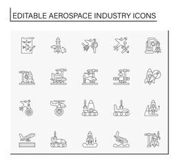  Aerospace industry line icons set. Education and museums in aviation university. Aircraft concepts. Isolated vector illustrations. Editable stroke