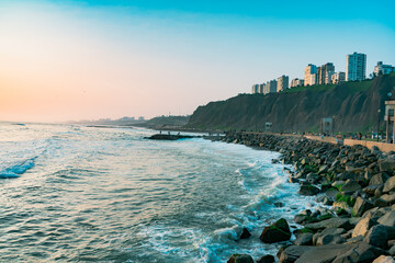 city skyline at sunset in Lima, Peru