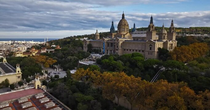 aerial stock footage of National Art Museum of Catalonia on a sunny day