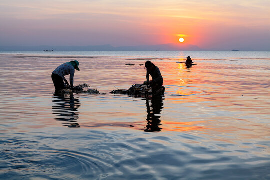 Seascape crab fishing on the tropical coast of Cambodia. 