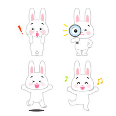 イラスト素材：2頭身で全身で動きを表現するシリーズ　セット6/主線あり　卯年の年賀状やチラシ広告(透過背景)

