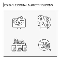Digital marketing line icons set. Online marketing. Mailing list, global searching. Information technologies in management. Business concept. Isolated vector illustration. Editable stroke