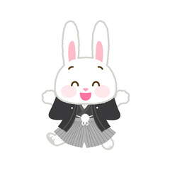 イラスト素材: 着物姿のかわいい干支シリーズ　卯年/主線あり/紋付き袴の男の子/走る全身姿(透過背景)


