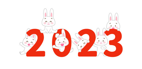 イラスト素材: 2023年に喜ぶウサギのセット（卯年/主線あり/白うさぎ複数/赤字）(透過背景)

