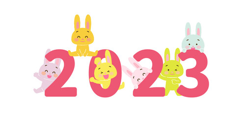 イラスト素材: 2023年に喜ぶウサギのセット（卯年/主線なし/パステルカラーうさぎ複数/赤字）(透過背景)

