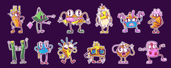 Retro stickers food and breakfast y2k characters. Funny bacon, tea bag and cup, sandwich and oatmeal porridge. Croissant, cheese, pancakes and wafer with juice personages, Cartoon vector patches set