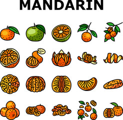 mandarin clementine orange fruit icons set vector. tangerine citrus, fresh food, organic sweet green leaf, healthy juice tropical slice mandarin clementine orange fruit color line illustrations