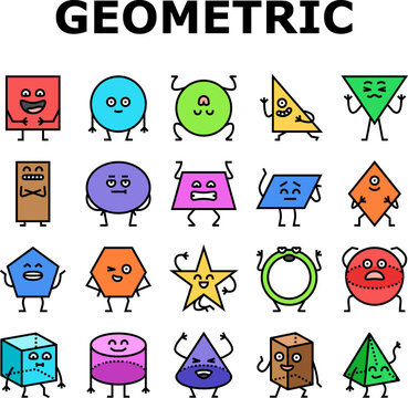 geometric shape character icons set vector. triangle circle, square abstract, cute funny rectangle, figure face, education basic geometric shape character color line illustrations