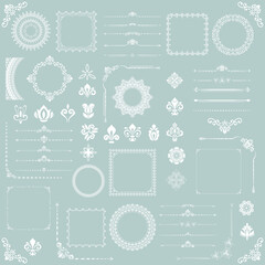 Vintage set of horizontal, square and round elements. Different elements for backgrounds, frames and monograms. Classic light blue and white patterns. Set of vintage patterns