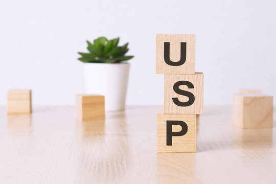 usp - financial concept. wooden cubes and flower in a pot on background