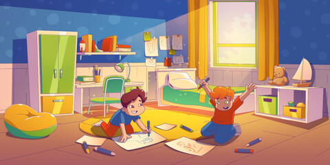 Brothers play in kids daycare room or home bedroom interior. Creative children painting in albums sitting on floor with scatter pencils in cozy interior, Cartoon linear flat vector illustration