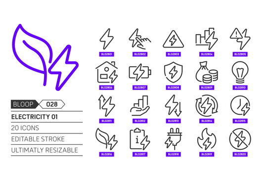 Electricity 01 related, pixel perfect, editable stroke, up scalable, line, vector bloop icon set.