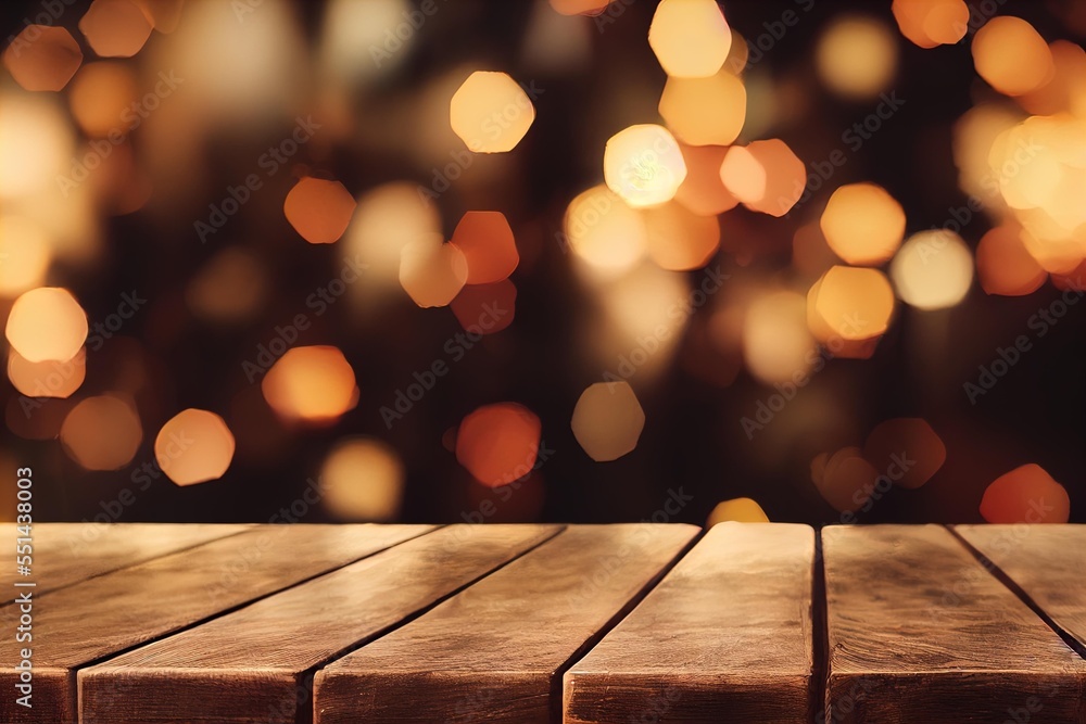 Poster a wooden table with a blurry background of lights in the background of the table top is brown and ha