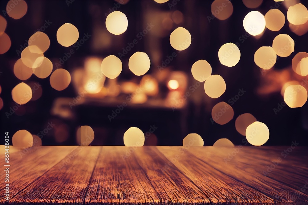 Poster a wooden table with a blurry background of lights in the background of the table top and the table. 