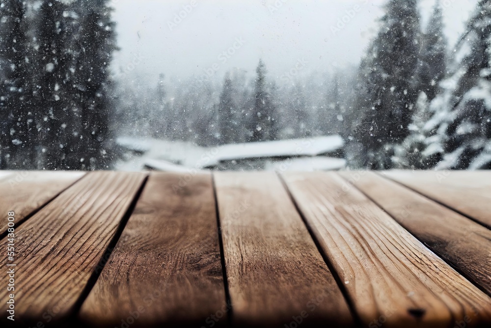 Poster a wooden table with a view of a snowy forest outside of a window with a view of a car. generative ai