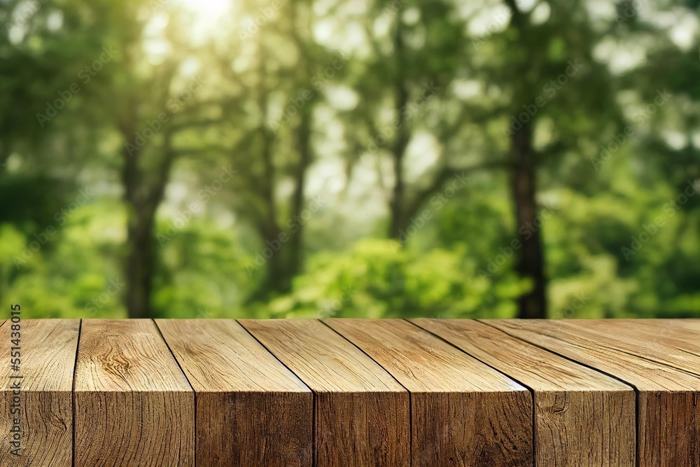 Poster a wooden table top with a blurry background of trees in the background and a forest in the backgroun