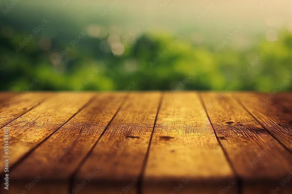 Poster a wooden table with a blurry background of trees in the background and a blurry background of grass.