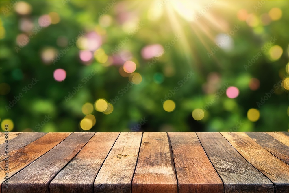 Poster a wooden table top with a blurry background of trees and bushes in the background. generative ai