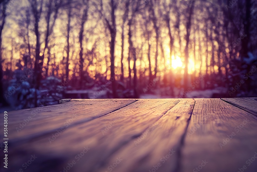 Poster a wooden table top with a sunset in the background with trees in the background and snow on the grou