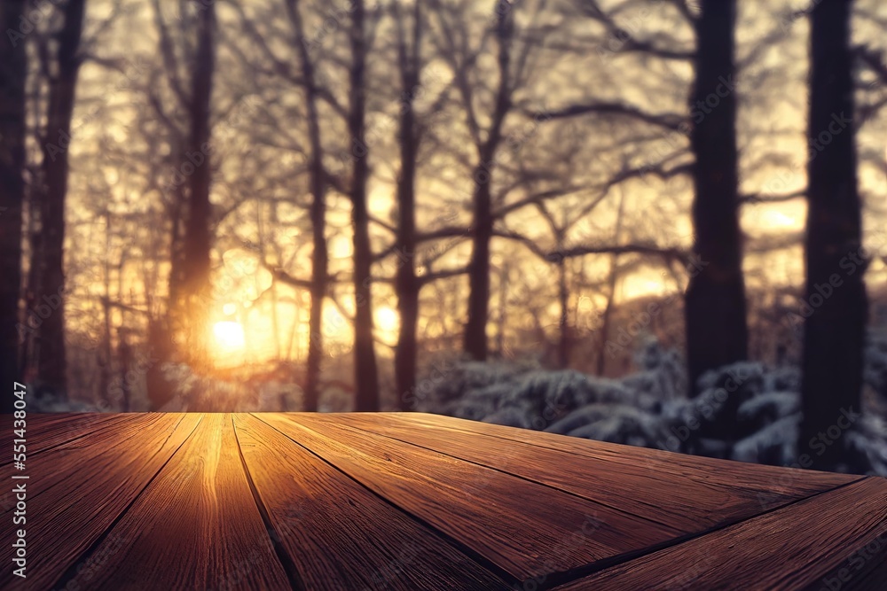Aufkleber a wooden table top with a sunset in the background with trees in the foreground and snow on the grou