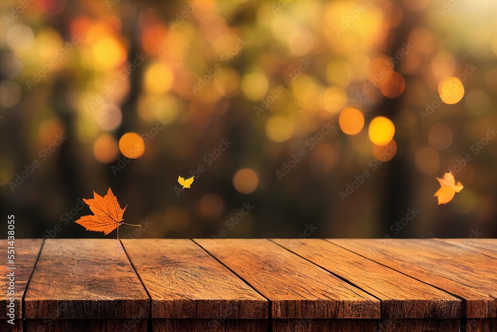 Poster a wooden table with a leaf on it and a blurry background of trees in the background with leaves fall