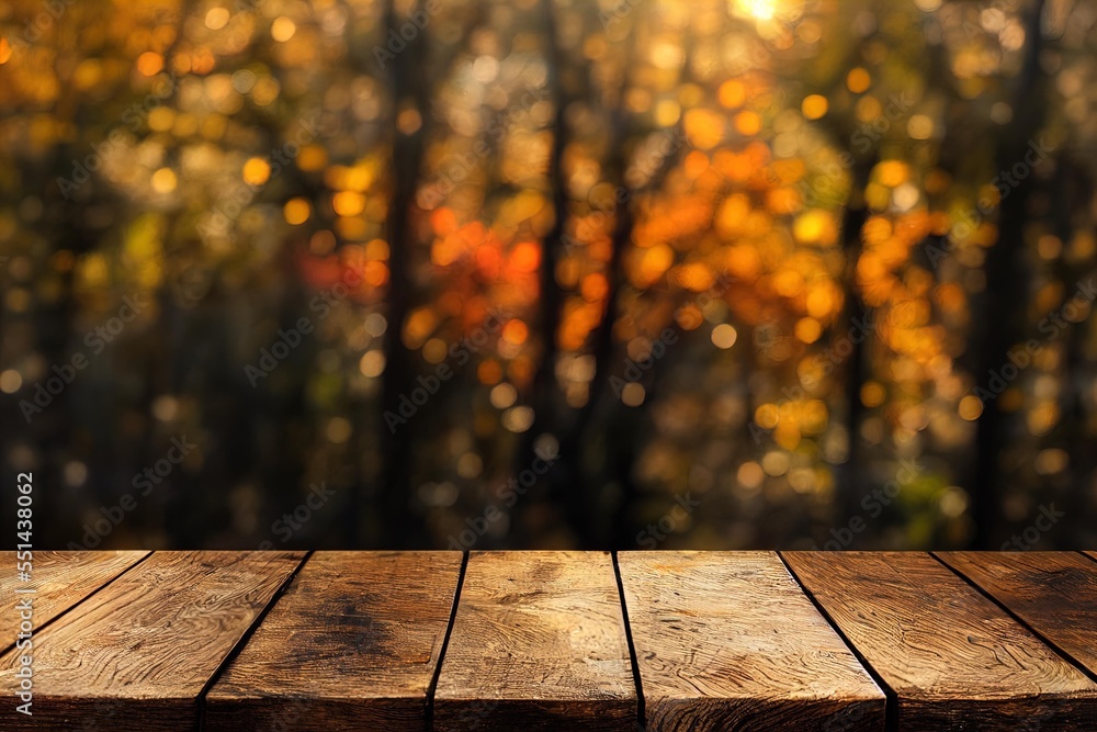 Poster a wooden table top with a blurry background of trees in the background and a forest in the backgroun