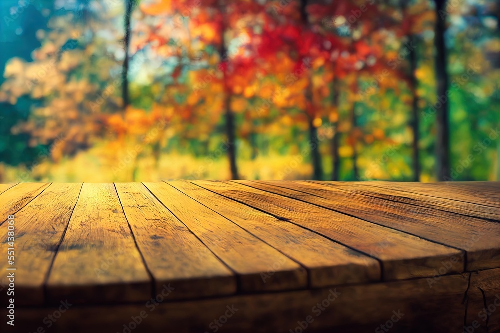 Poster a wooden table with a colorful background of trees in the background and a forest scene in the foreg
