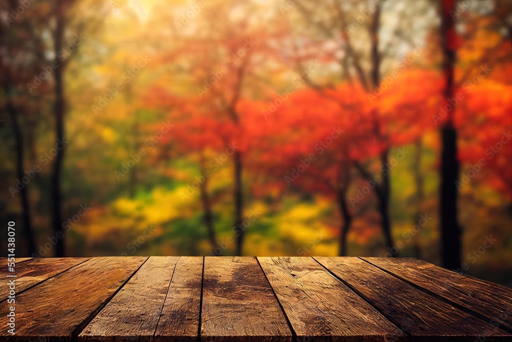 Aufkleber a wooden table top with a blurry background of trees in the background and a forest with red leaves.