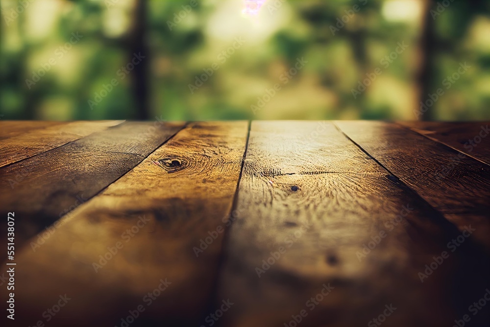 Poster a wooden table top with a blurry background of trees in the background and a forest in the backgroun
