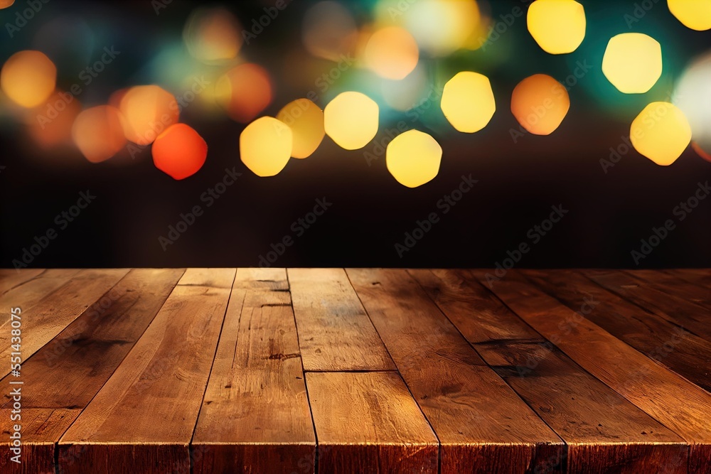 Poster a wooden table top with a blurred bokeh background the table top is in the foreground, while the bac