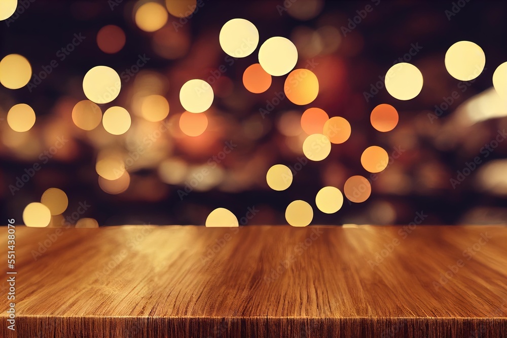 Aufkleber a wooden table top in the foreground with a blurred background of bokeh lights the table top is the 