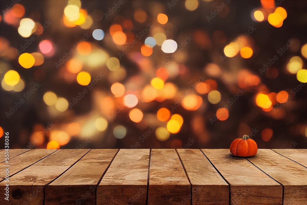 Poster a wooden table with a pumpkin on top of it in front of a blurry background of lights and boke. gener