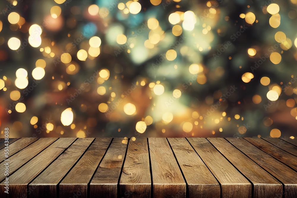 Poster a wooden table with a blurry background of lights in the background of the table top is brown and ha