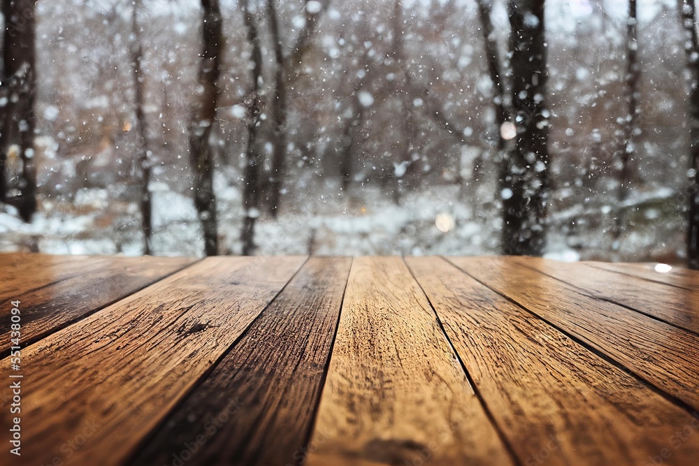 Poster a wooden table with a blurry background of trees and snowflakes in the background. generative ai