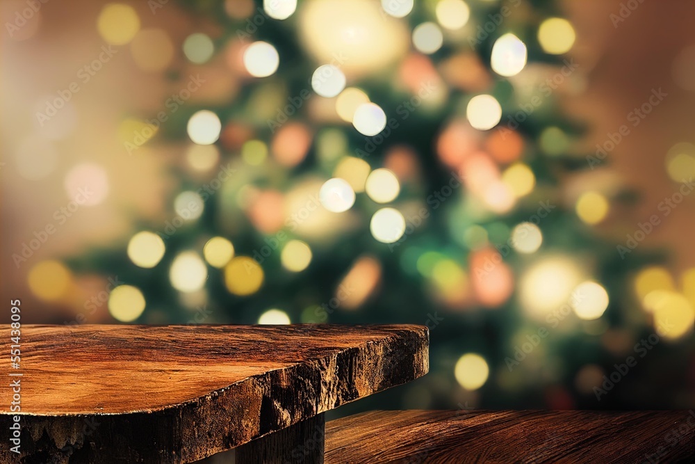 Aufkleber a wooden table with a christmas tree in the background with lights on it and a blurred christmas tre