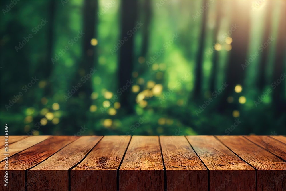 Poster a wooden table top with a blurry background of a forest with trees in the background and sunlight sh