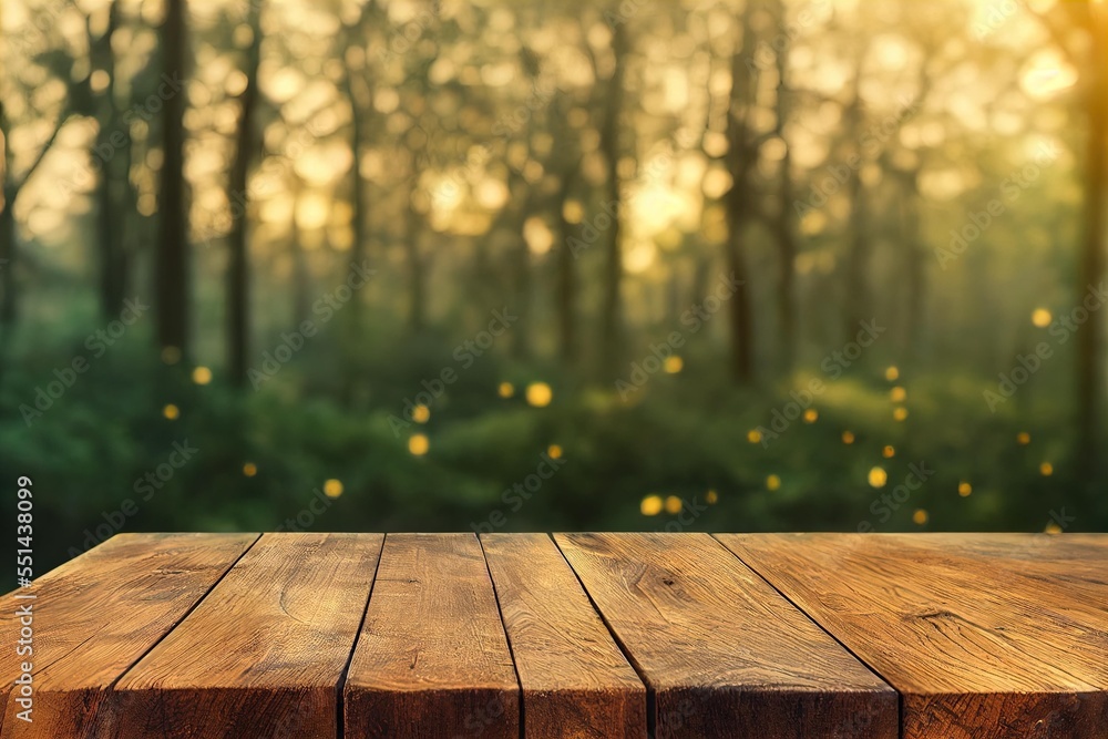 Aufkleber a wooden table with a blurry background of trees in the background and a forest with yellow lights i