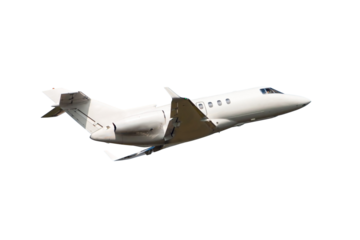 White modern executive business jet flies isolated on transparent background