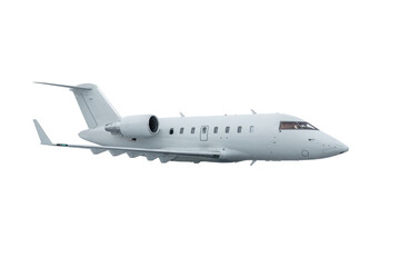 White modern executive business jet flies isolated on transparent background - obrazy, fototapety, plakaty