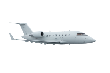 White modern executive business jet flies isolated on transparent background