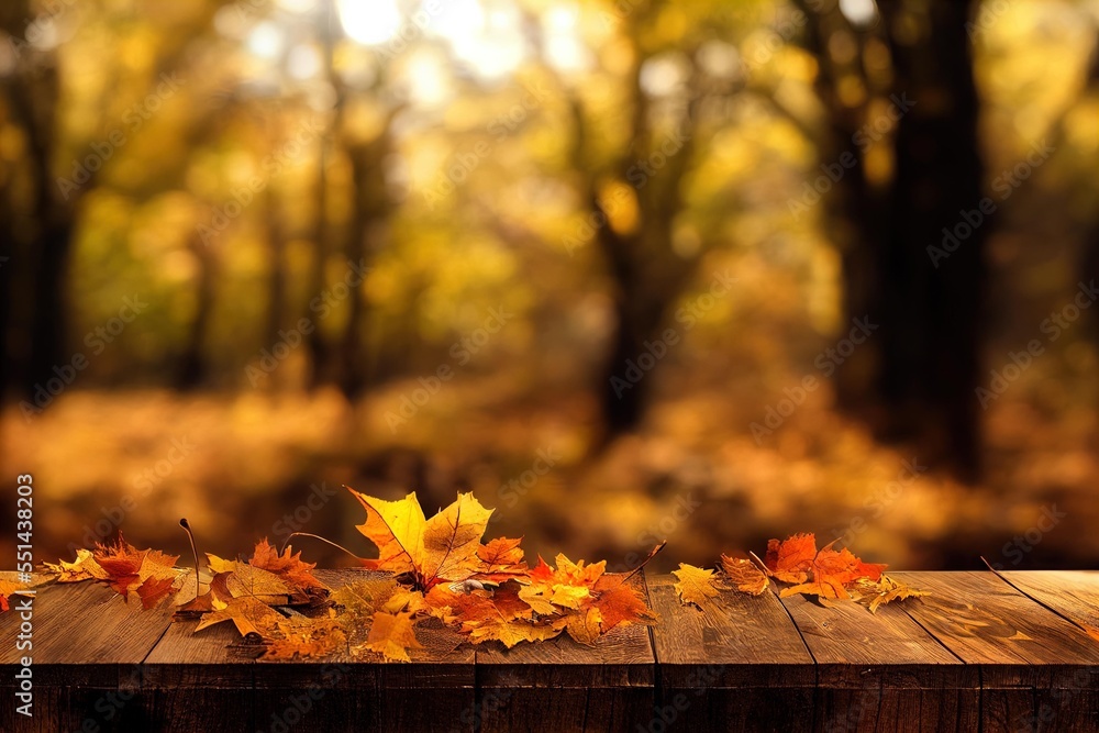Poster a wooden table topped with leaves covered in fall colors in a forest setting with trees in the backg