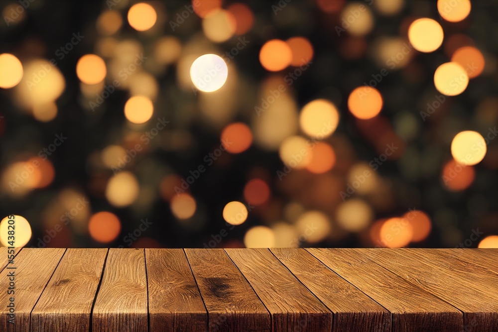 Poster a wooden table with a blurry background of lights in the background of a christmas tree in the foreg