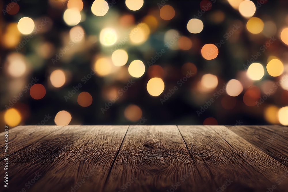 Aufkleber a wooden table with a blurry christmas tree in the background with lights in the background of the t