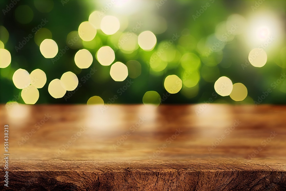 Poster a wooden table with blurry lights in the background of the table top and a blurry background of the 