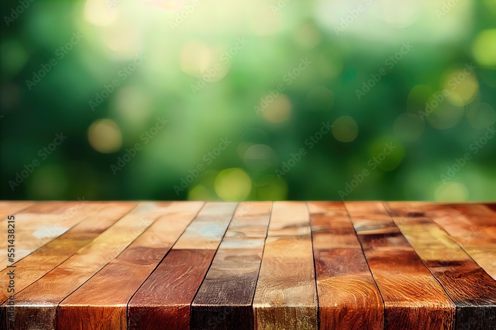 Poster a wooden table top with a blurry background of trees in the background. generative ai
