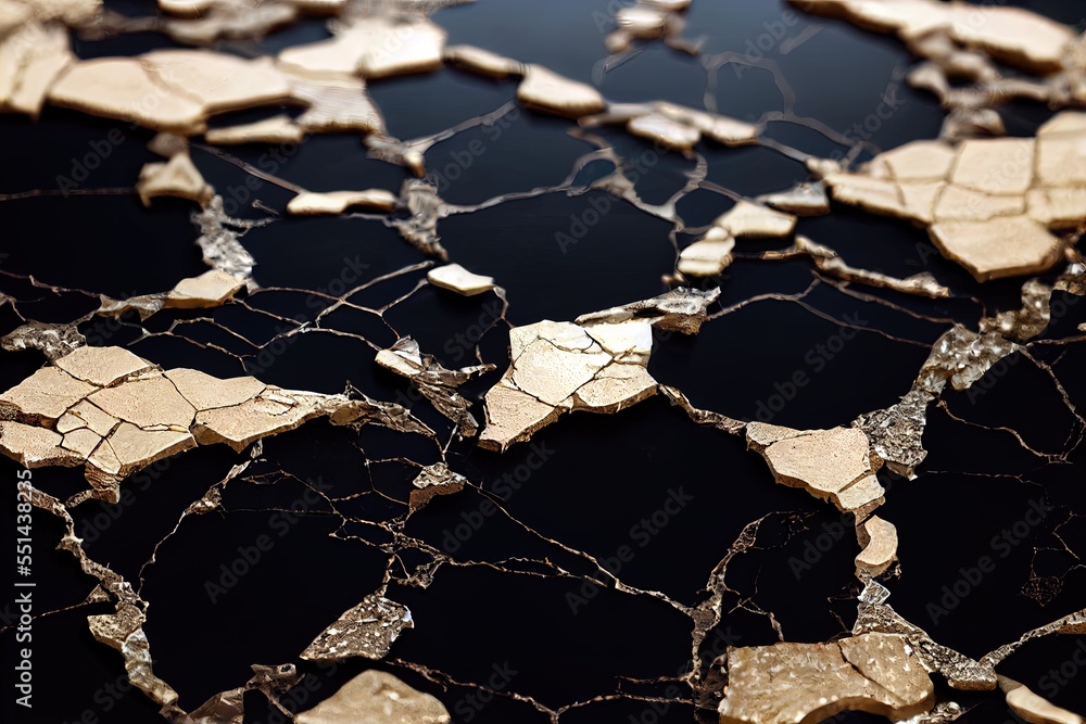 Poster a black and gold table with a pattern of cracked tiles on it's surface and a clock on top of it. gen