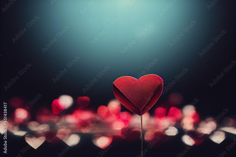 Poster a heart shaped piece of paper on a stick in front of a dark background with lights in the background