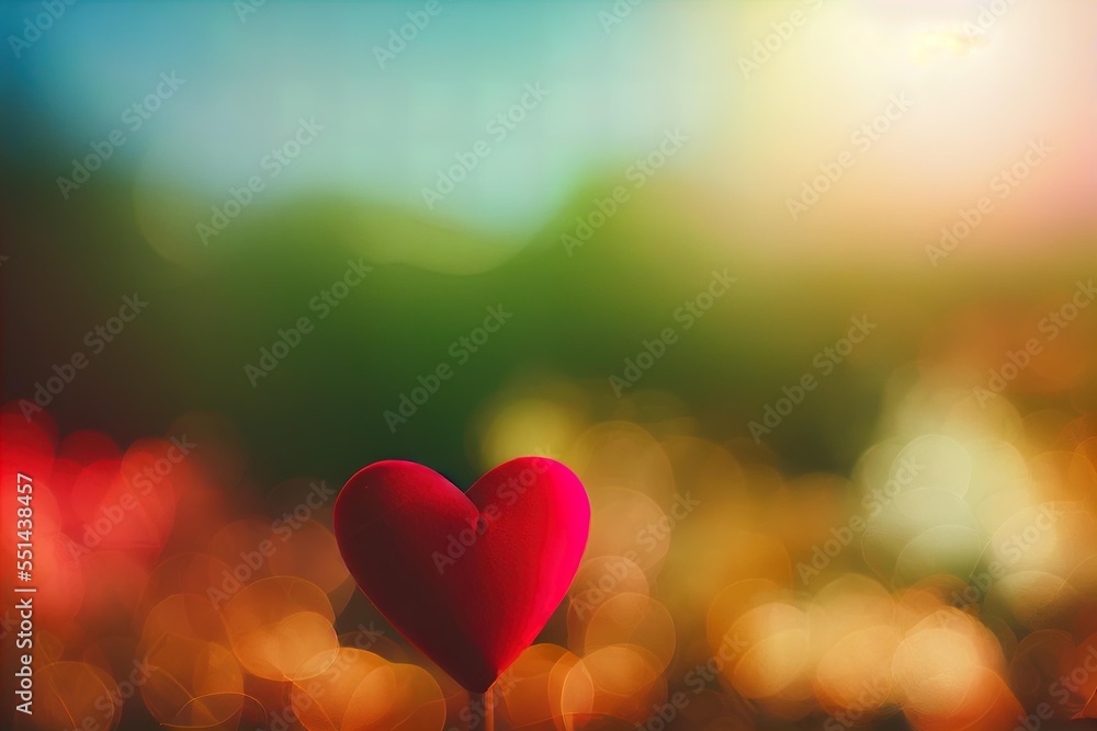 Poster a heart shaped object sitting on top of a field of grass with a blurry background of trees and build