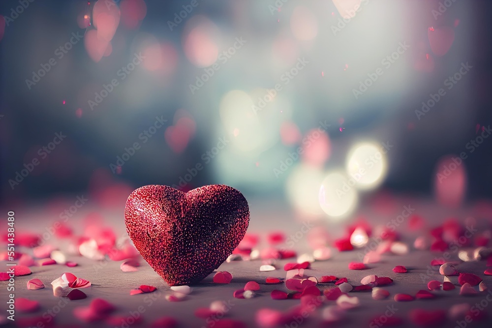 Poster  a heart shaped object surrounded by petals on a table with a blurry background of lights and boke. Generative AI
