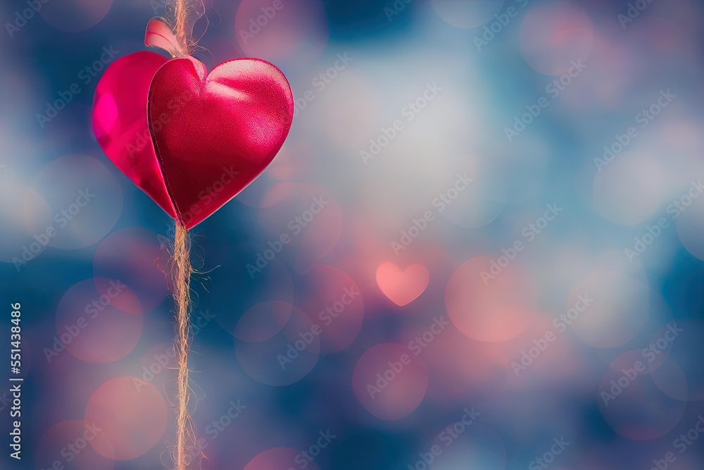 Poster a red heart shaped lollipop on a stick with a blurry background of boke of lights. generative ai